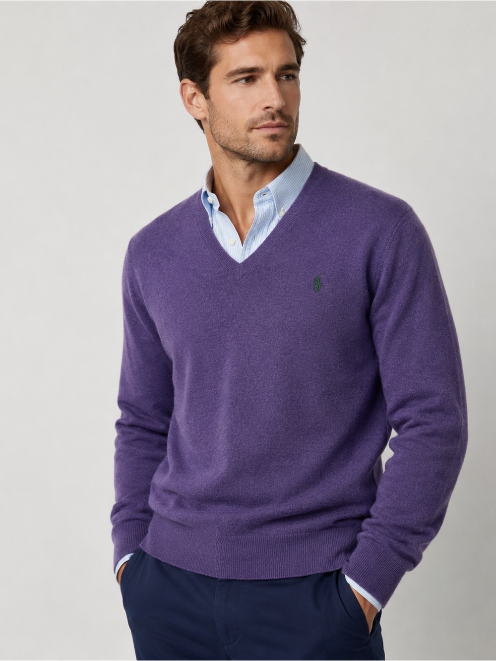 Polo Ralph Lauren Men’s V-Neck Sweater Medium Purple Pima Cotton Pony Logo